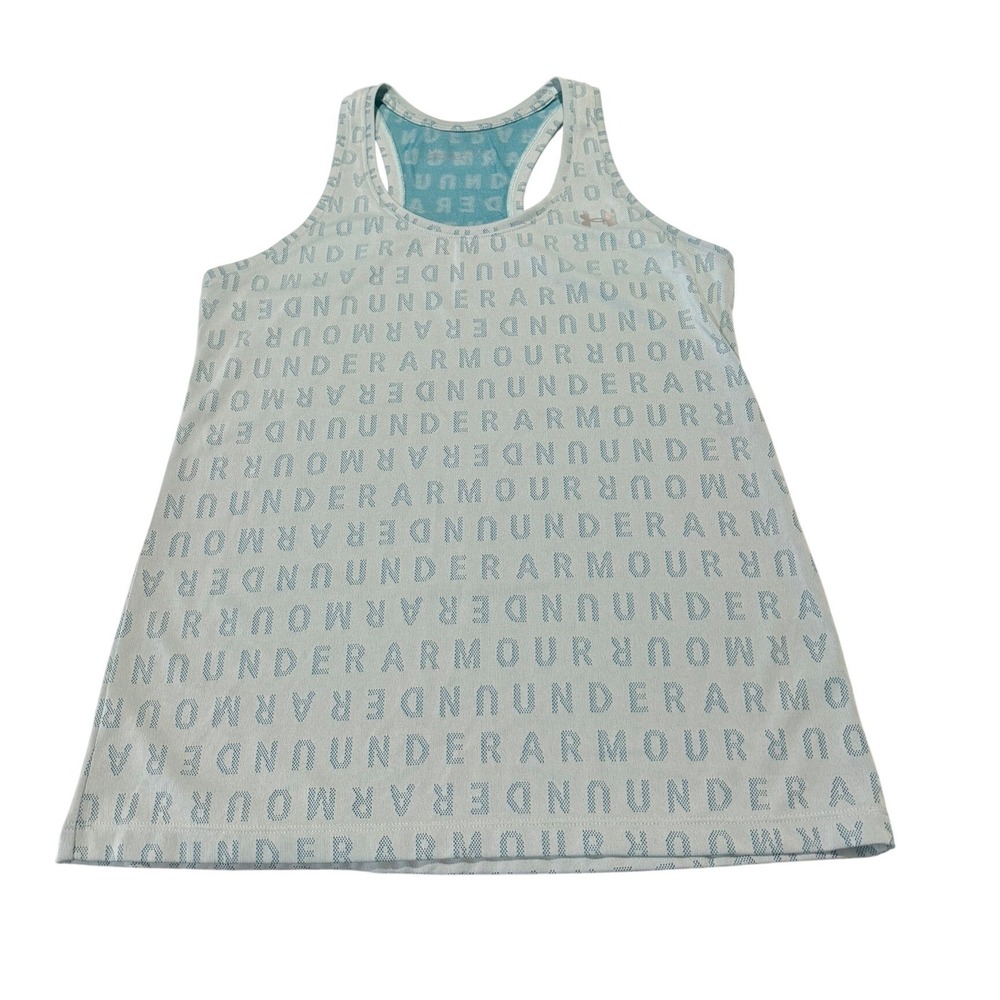 Under Armour Womens Racerback Tank Top Blue‎ All Over Logo Print Size Medium
